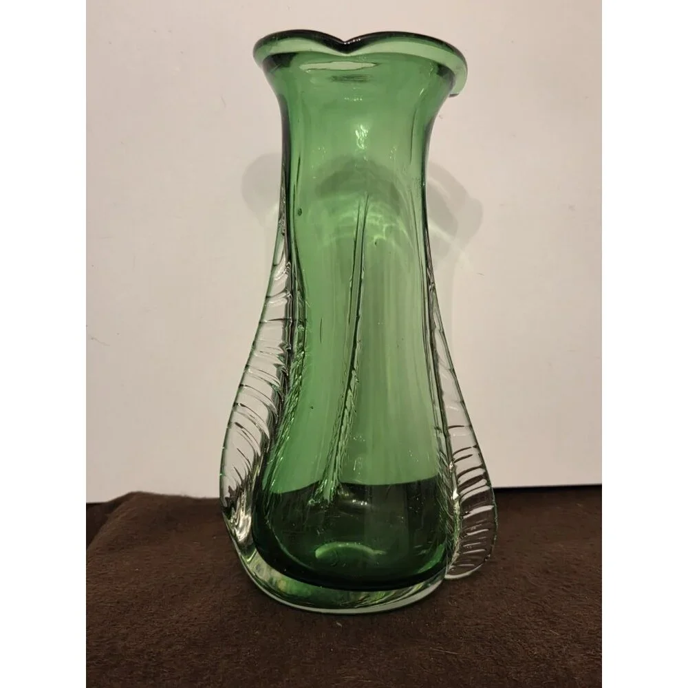 Vintage‎ Handcrafted Green Art Glass Vase 8.5” with Clear Trim Hand Blown
